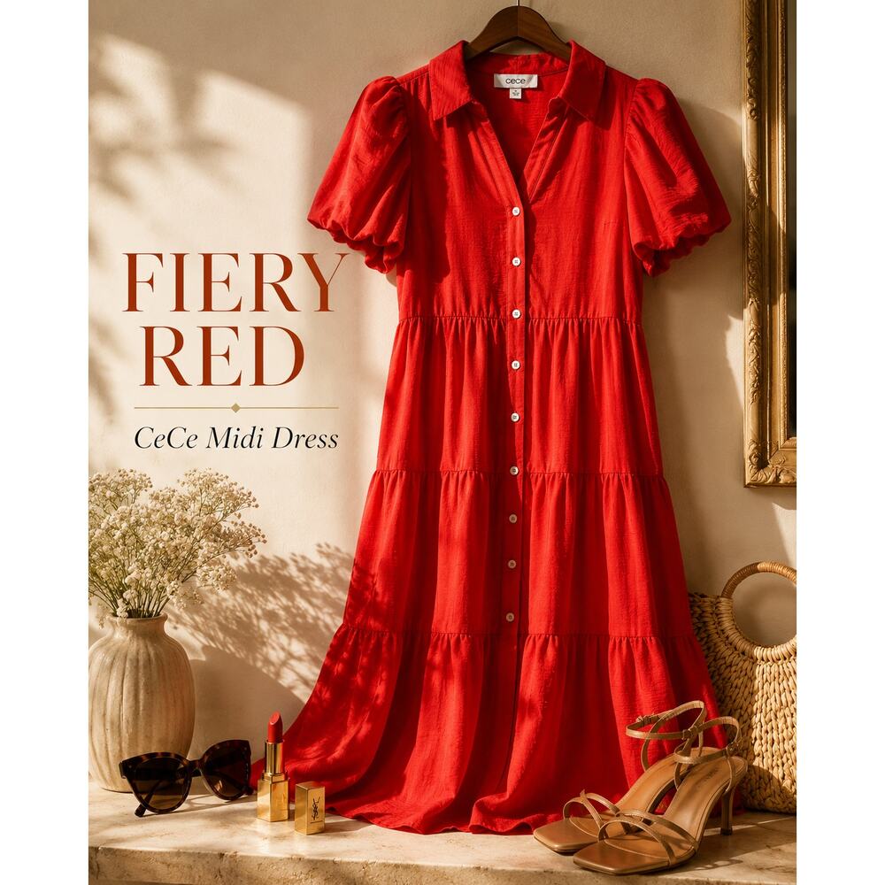 CeCe Fiery Red Tiered Puff Sleeve Midi Dress NWT Size PM Petite Medium